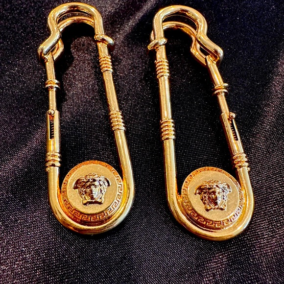 Versace Gold Safety Pin Clip On Gold Medusa Large Pair - Picture 1 of 9